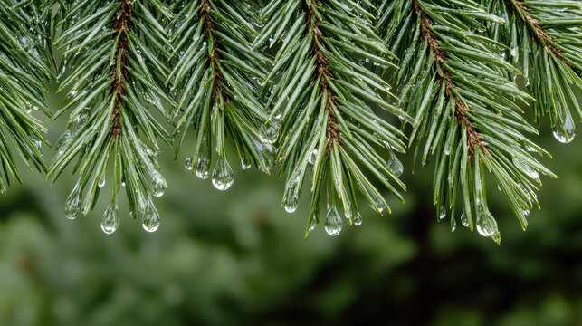 Pine needle water droplet evergreen branch close up serene fresh