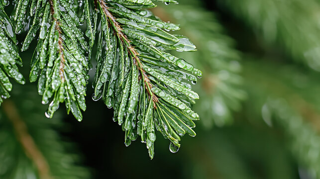 Evergreen needle branch with water droplets, fresh green pine foliage after rain, serene natural
