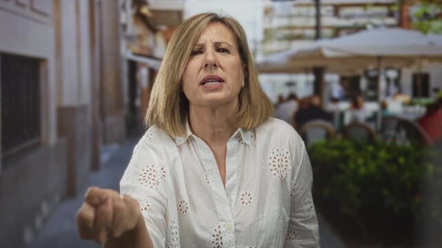 Middleaged woman wearing white blouse beckons with hand on outdoor restaurant terrace in daylight; annoyance.