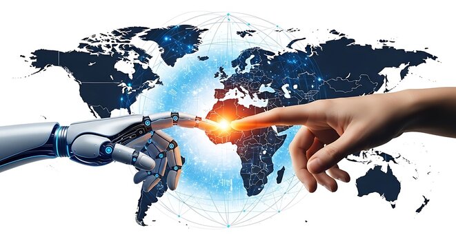 Human and robot hands touch over a world map, symbolizing the integration of technology and humanity for global connection