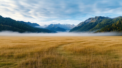 Golden grass meadow alpine mountain morning fog distant ridge cloudy sky misty valley wide plain