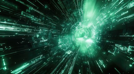 Digital data flowing through abstract green cyberspace tunnel