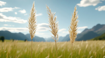 Obraz premium Golden alpine grass blowing in breeze, tranquil mountain meadow scene