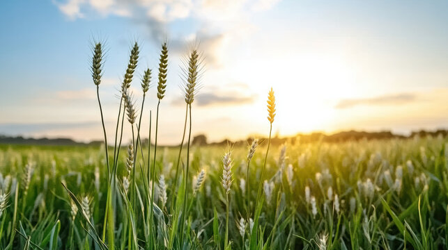 Wildflower wheat stalk sunrise meadow calm golden light - Powered by Adobe