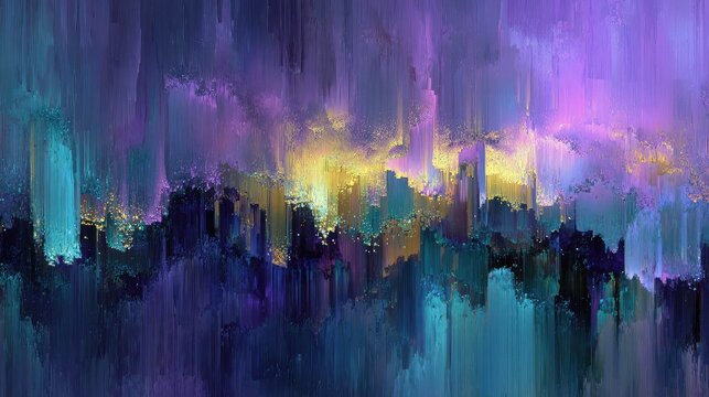 Abstract pixel city glowing digital urban landscape art - Powered by Adobe