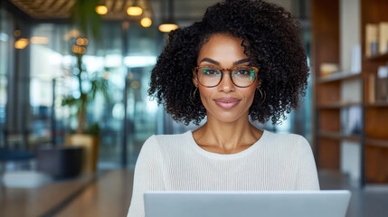 Confident woman with curly hair wearing glasses working on laptop in modern office