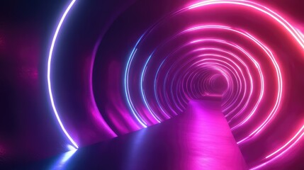 Futuristic tunnel with glowing neon light rings