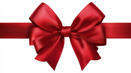 a large red ribbon bow in the centre of a long straight piece of ribbon to be used as a birthday or christmas banner border isolated against a transparent background