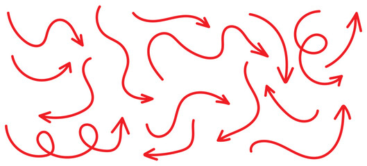 Hand drawn line arrows icons set collection. Arrow vector elements hand drawn arrows brush stroke curly arrow collection. Vector illustration isolated on white background.