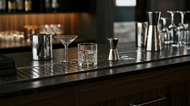 Bar setup with shiny cocktail shaker, martini glass, and whiskey tumbler. Bartending tools and drinkware arranged on a bar top for evening service footage.