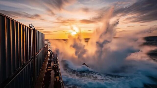 Cargo ship container falling into rough ocean waves at sunset
