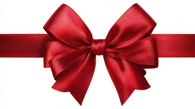 a large red ribbon bow in the centre of a long straight piece of ribbon to be used as a birthday or christmas banner border isolated against a transparent background - Powered by Adobe