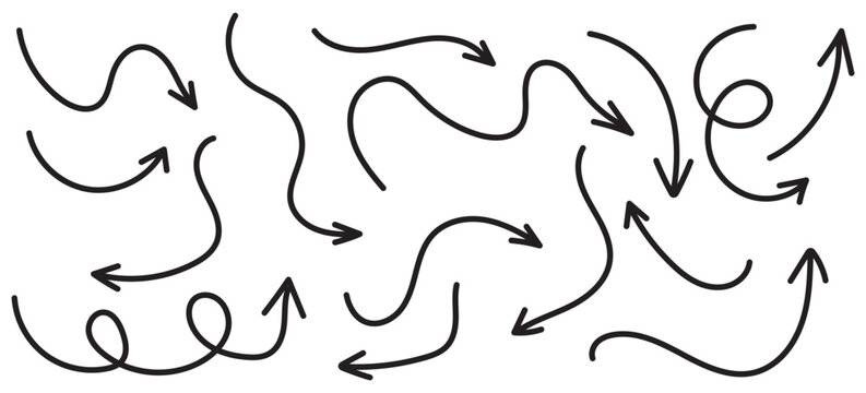 Hand drawn line arrows icons set collection. Arrow vector elements hand drawn arrows brush stroke curly arrow collection. Vector illustration isolated on white background.