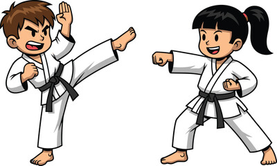 Cartoon karate kids practicing martial arts, boy and girl training together in uniforms, black belt action poses, sports illustration for education and design
