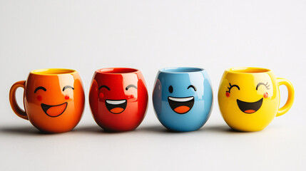 Joyful, expressive emoji mugs in vibrant colors radiate happiness and fun, perfect for cheerful mornings