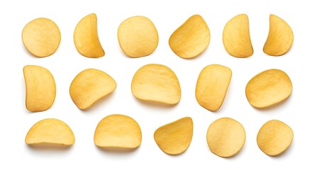 A collection of irregular shaped potato chips, , showcasing their natural appearance