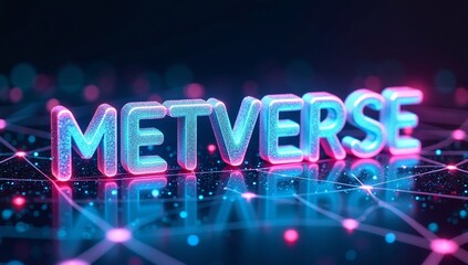 Naklejka premium A vibrant 3D representation of the word 'Metverse' illuminated with neon colors against a dark background.