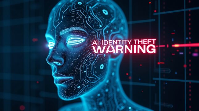 Futuristic digital AI face with a warning about identity theft, highlighted by glowing blue circuitry patterns.