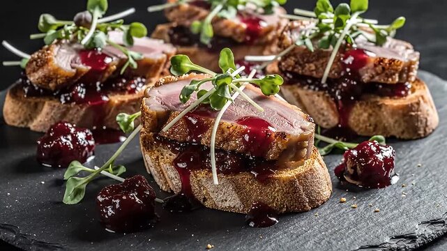 An exquisite gourmet appetizer is artfully presented on a dark, textured serving platter, creating a visually stunning culinary experience. Slices of tender, perfectly cooked meat rest atop crisp toas