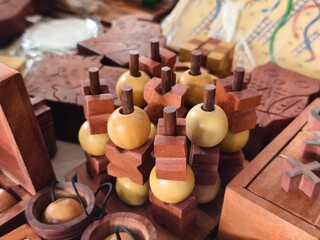 Traditional handmade Colorful toys made from wood, wooden toys, family, selective focus.