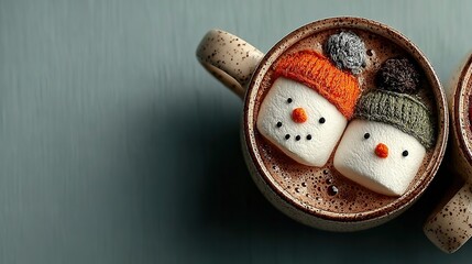 Twin hot cocoa flat lay: snowman marshmallows float on pastel blue, ready for e-commerce hero, recipe cover, café menu or social promo with copy-space