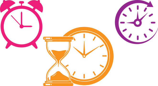 Time management concept with clocks and hourglass representing deadlines and urgency