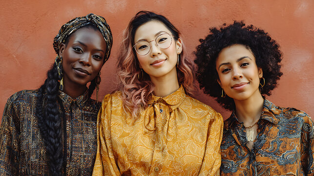 three women from diverse cultural backgrounds smiling confidently promoting inclusion diversity empowerment female unity teamwork and strong friendship