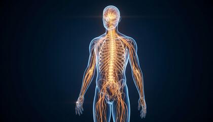 Human Nervous System, a glowing intricate network of nerves and brain, beautifully rendered as a detailed medical anatomy illustration.