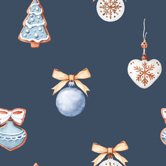 Dusty Blue and Gold Christmas Ornament Seamless Pattern