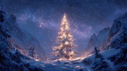 a festive christmas tree glows in a snowy landscape under a starry sky creating a magical winter wonderland