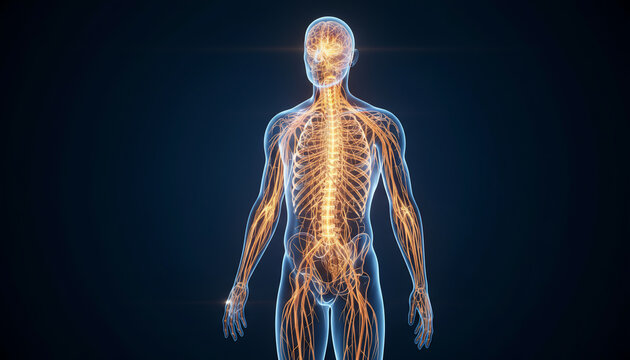 Human Nervous System, a glowing intricate network of nerves and brain, beautifully rendered as a detailed medical anatomy illustration.