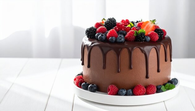 Decadent chocolate drip cake beautifully decorated with a mix of fresh summer berries including strawberries and blueberries, set on a bright white table - Powered by Adobe