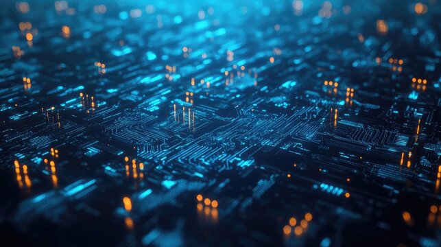 Circuit board with glowing lines and data processing