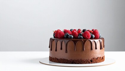 Delicious chocolate cake adorned with fresh berries, a delightful dessert centerpiece on a clean white plate