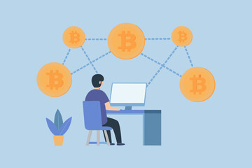 Man working on computer connected to a network of bitcoin cryptocurrency coins