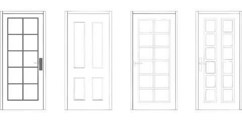 Collection of four line art illustrations of different interior and exterior door designs with handles