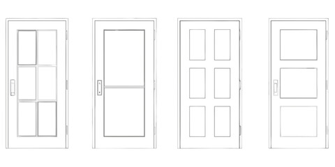Collection of four different styles of interior and exterior doors in a simple line drawing sketch style