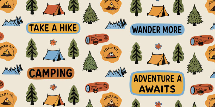 Whimsical hand drawn camping and hiking adventure pattern with inspirational quotes
