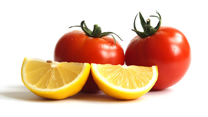 Fresh tomatoes and sliced lemons in a rustic bowl, vibrant natural food composition with whole and cut produce, healthy cooking ingredients, bright colorful kitchen table still life background