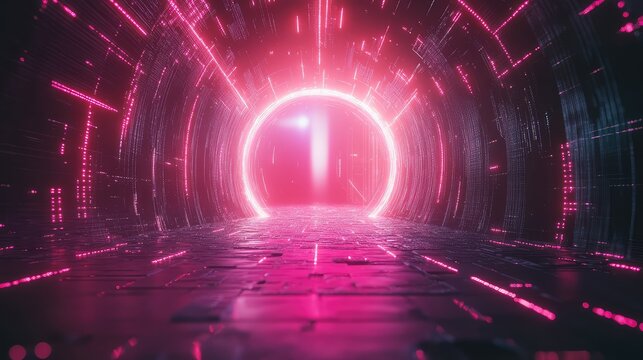 Futuristic digital tunnel with glowing neon portal and data streams