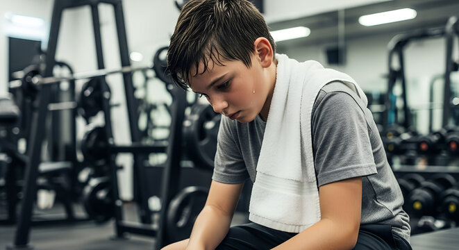 Young boy resting after workout in gym with towel around neck  