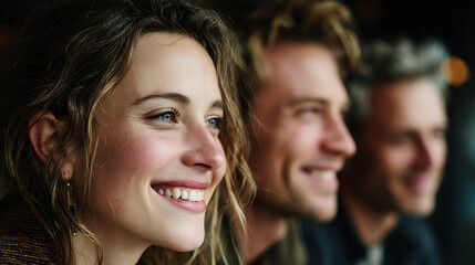 Fototapeta premium three business people two men and one woman smiling happily while looking to the right, highlighting workplace teamwork confidence friendship collaboration and positive company culture
