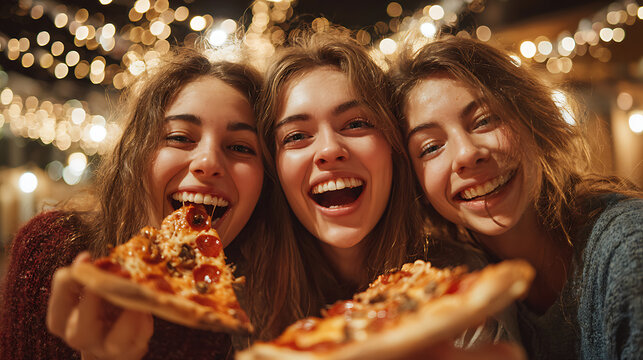 three young women enjoying a casual pizza meal together smiling and laughing happily reflecting friendship social fun food enjoyment celebration and youthful lifestyle - Powered by Adobe