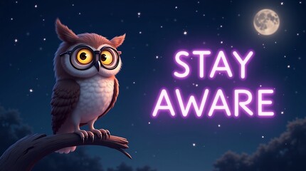 An animated owl with glasses sits on a branch under a starry night sky, promoting awareness with a glowing 'Stay Aware' message.