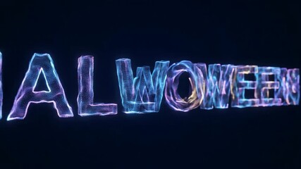 Glowing digital text spells out Halloween. Dynamic particle effect forms letters. Futuristic animated intro for holiday event. - Powered by Adobe
