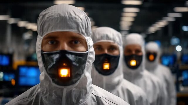 Semiconductor manufacturing team working in cleanroom suits, ensuring top quality electronic components for cutting-edge tech and innovation in a modern factory
