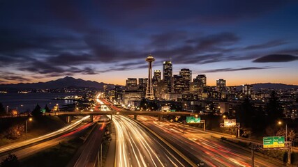 Time lapse footage of a city skyline with a highway and bridge stretches across the horizon, showcasing urban development and connectivity as a symbol of rapid growth and technological.