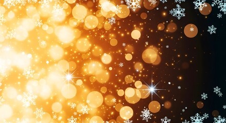 Golden bokeh lights and sparkling white snowflakes create a festive winter holiday background.