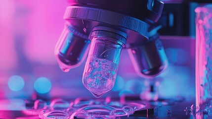 Scientific experiment with glowing liquid under microscope lens