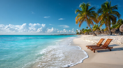beautiful caribbean beach scene with crystal blue water white sand palm trees and sunbeds ideal for a dream vacation travel agency marketing and summer holiday escape theme © CinimaticWorks